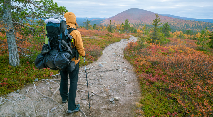 hiker walking in a park in Finland