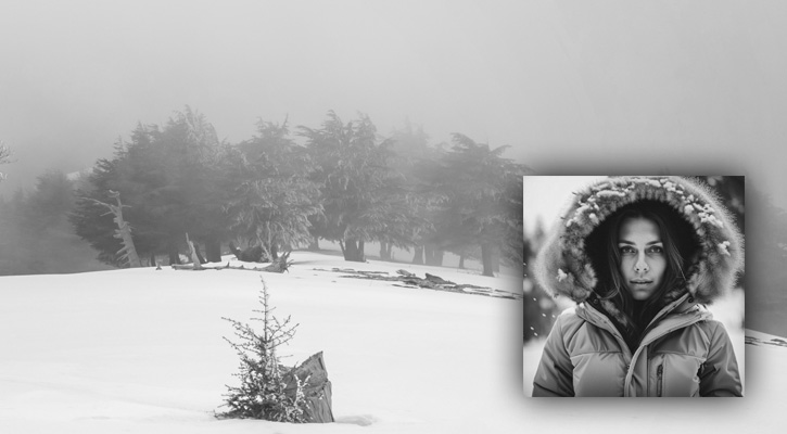woman wearing winter parka in a snowy landscape