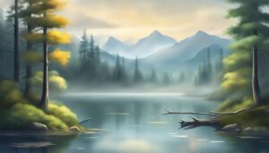 misty forest lake illustration background