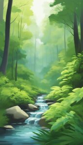 misty forest river illustration background