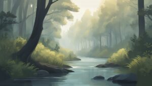 misty forest river illustration background