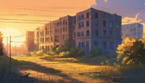 abandoned place sunset aesthetic illustration background