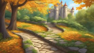 autumn castle garden background aesthetic illustration