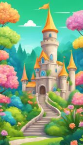 cartoon castle garden background aesthetic illustration