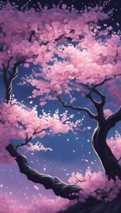 cherry blossom trees at night background aesthetic illustration