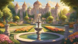 colorful castle garden background aesthetic illustration