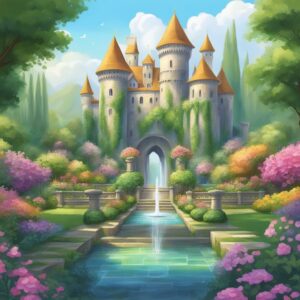 colorful castle garden background aesthetic illustration