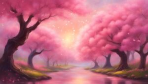 fantasy japanese cherry blossom trees aesthetic background illustration