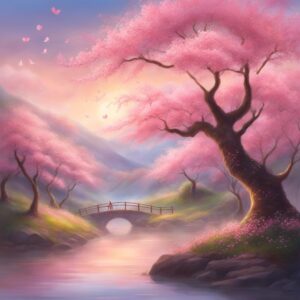 fantasy japanese cherry blossom trees aesthetic background illustration