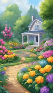 flower garden raining aesthetic background illustration