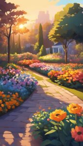 flower garden sunset aesthetic background illustration