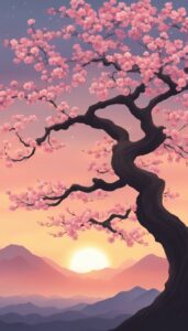 japanese cherry blossom tree at sunset background illustration