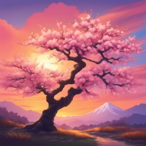 japanese cherry blossom tree at sunset background illustration