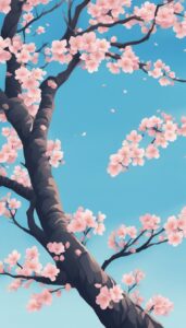 japanese cherry blossom tree blue background aesthetic illustration