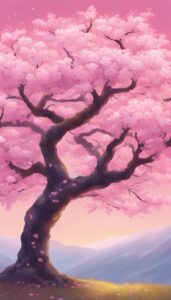 japanese cherry blossom tree pink background aesthetic illustration