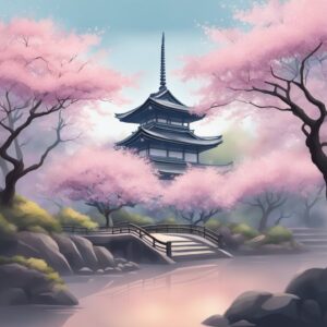 japanese cherry blossom trees misty background illustration