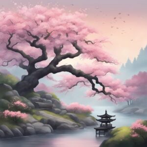 japanese cherry blossom trees misty background illustration