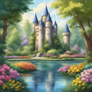 landscape castle garden background aesthetic illustration
