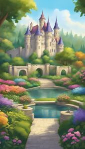 landscape castle garden background aesthetic illustration