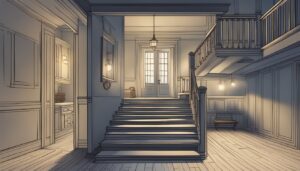 liminal space house stairs aesthetic illustration background