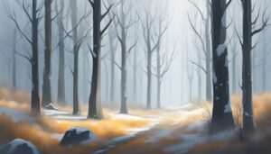 liminal space snowy winter forest aesthetic illustration background