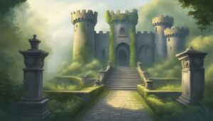 misty castle garden background aesthetic illustration