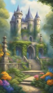 misty castle garden background aesthetic illustration