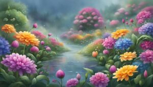 misty flower garden aesthetic background illustration