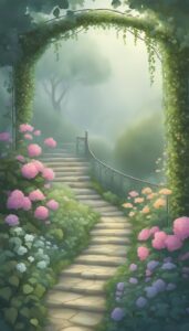 misty secret garden aesthetic illustration background
