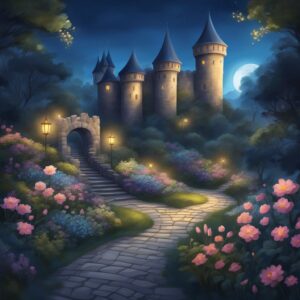night castle garden background aesthetic illustration