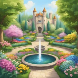 spring castle garden background aesthetic illustration
