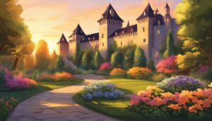 sunset castle garden background aesthetic illustration