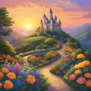 sunset castle garden background aesthetic illustration