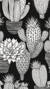 black and white cactus aesthetic illustration background 3