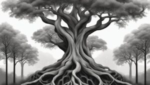 black and white monochrome tree of life aesthetic background illustration 1