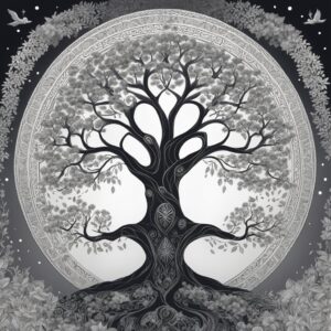 black and white monochrome tree of life aesthetic background illustration 2