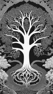 black and white monochrome tree of life aesthetic background illustration 3