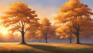 maple trees and leaves at sunset aesthetic background illustration 2