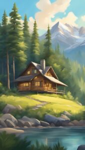 mountains cabin aesthetic background illustration