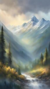 mountains raining aesthetic background illustration
