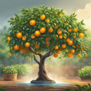 orange fruit tree garden raining illustration background