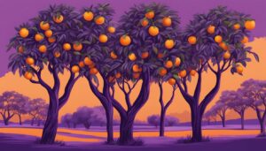 orange fruit trees purple background illustration