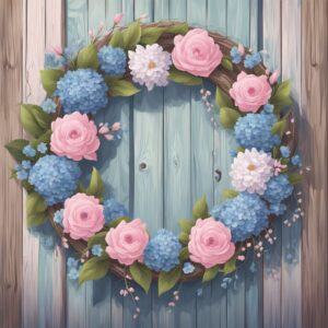 pink and blue spring wreath illustration 7