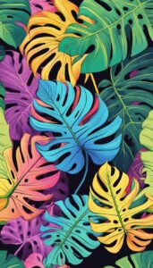 rainbow colored monstera plant aesthetic illustration background pattern 3
