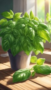 basil plant leaves on kitchen table background aesthetic illustration wallpaper 2