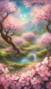 fantasy garden art almond tree blossom background illustration aesthetic wallpaper 3