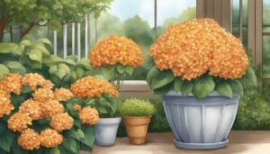 orange hydrangea hortensia plant in pot illustration idea 1