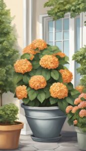 orange hydrangea hortensia plant in pot illustration idea 3