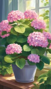 pink hydrangea hortensia plant in pot illustration idea 2