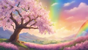 rainbow colored almond tree blossom background illustration aesthetic wallpaper 1